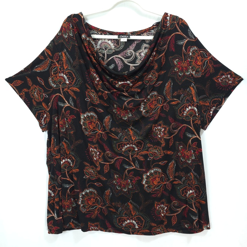 Simply Emma Cowl Neck‎ Slinky Knit Top Women 3X Floral Draped Black Boho Chic